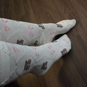 Worn Cream Women's Knee-High Socks with Pink Bows and Brown Bear Motif